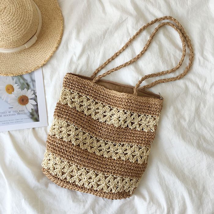Tall Straw Tote with Cream Openwork Stripe Bands
