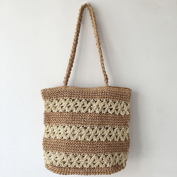 Tall Straw Tote with Cream Openwork Stripe Bands
