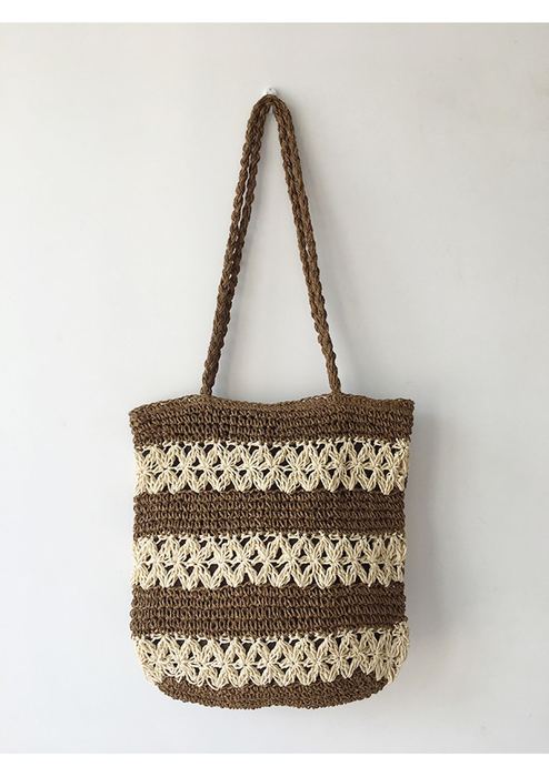 Tall Straw Tote with Cream Openwork Stripe Bands