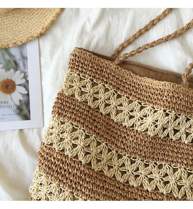 Tall Straw Tote with Cream Openwork Stripe Bands