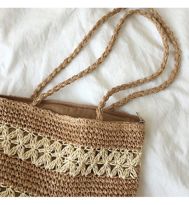 Tall Straw Tote with Cream Openwork Stripe Bands