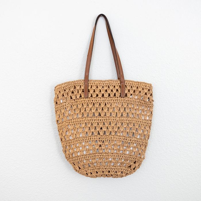 Openwork Straw Shoulder Tote with Brown Handles