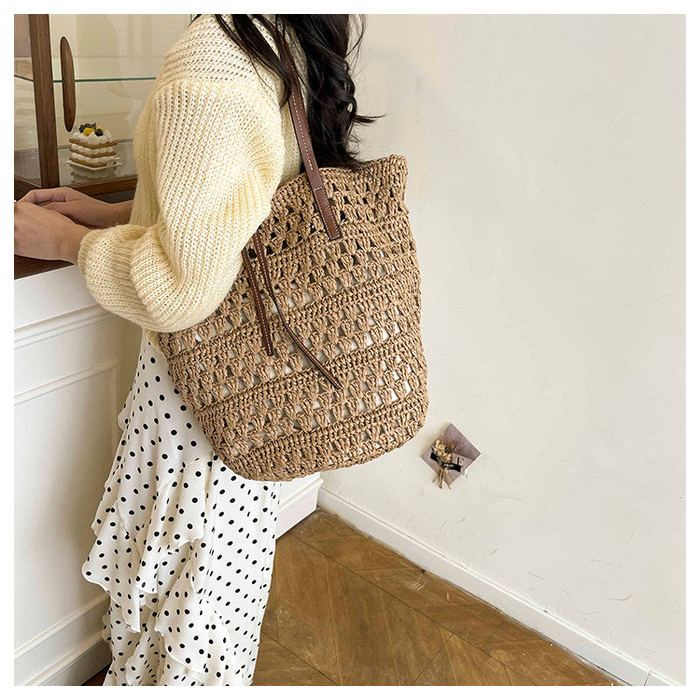 Openwork Straw Shoulder Tote with Brown Handles