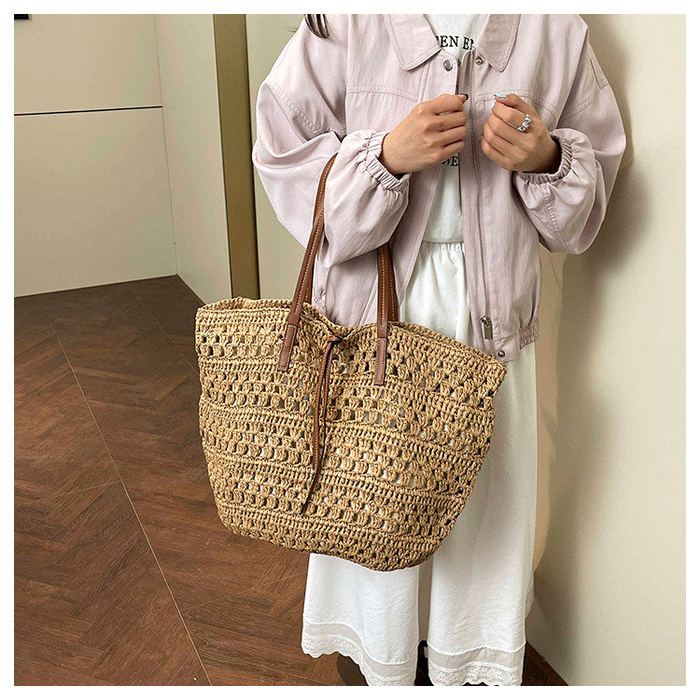 Openwork Straw Shoulder Tote with Brown Handles