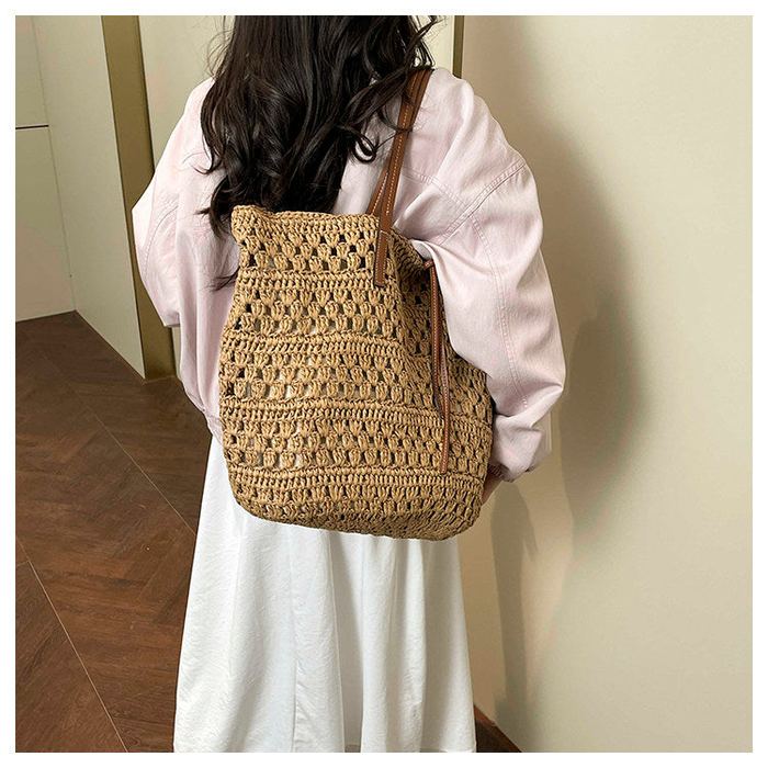 Openwork Straw Shoulder Tote with Brown Handles