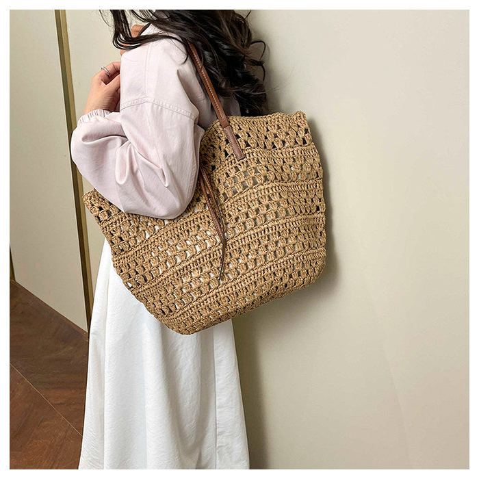 Openwork Straw Shoulder Tote with Brown Handles
