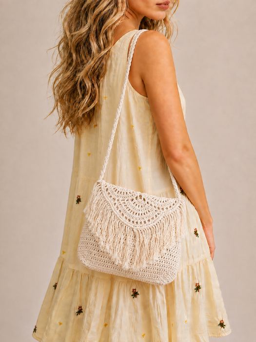 Crochet Fringe Crossbody Bag with Fan-Shaped Front Panel