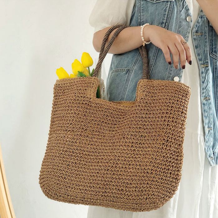 Straw Tote with Notched Top and Twisted Shoulder Handles