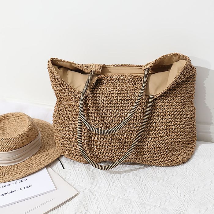 Straw Tote with Notched Top and Twisted Shoulder Handles