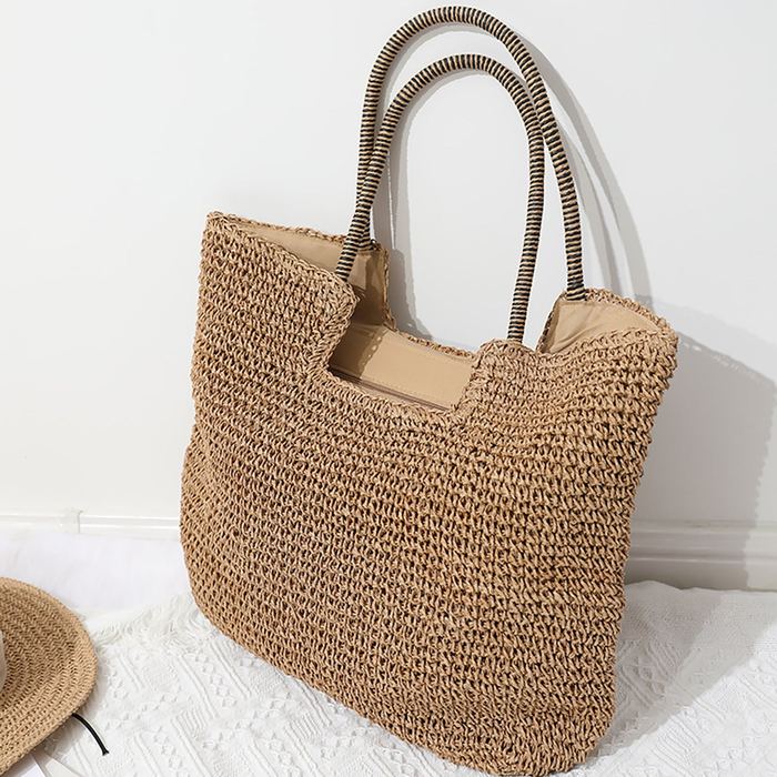 Straw Tote with Notched Top and Twisted Shoulder Handles