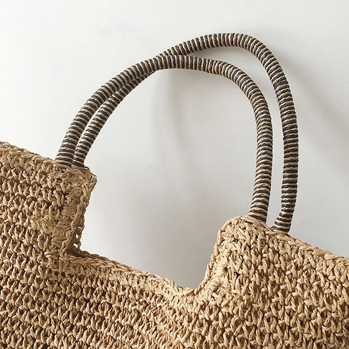 Straw Tote with Notched Top and Twisted Shoulder Handles