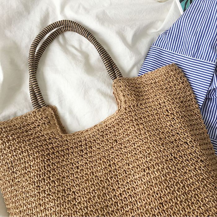 Straw Tote with Notched Top and Twisted Shoulder Handles