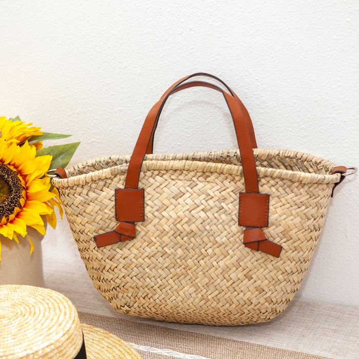 Rattan Basket Tote with Brown Top Handles