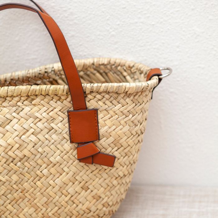 Rattan Basket Tote with Brown Top Handles