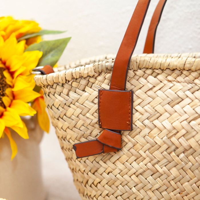 Rattan Basket Tote with Brown Top Handles