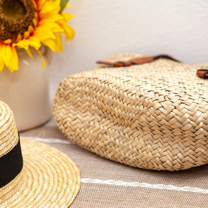 Rattan Basket Tote with Brown Top Handles