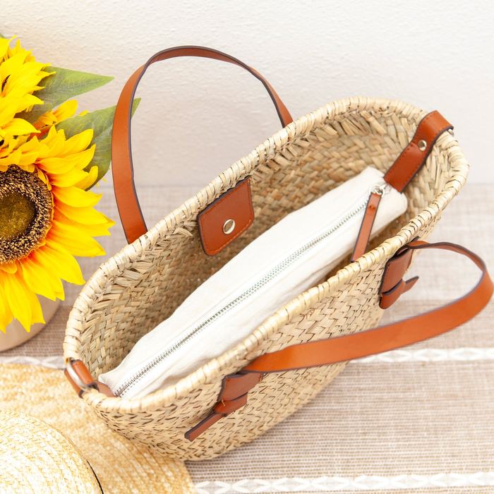 Rattan Basket Tote with Brown Top Handles
