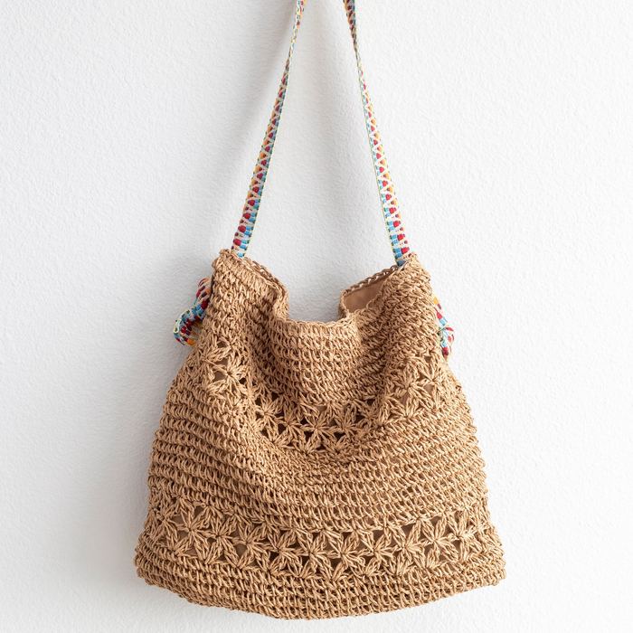 Openwork Straw Tote with Colorful Woven Shoulder Handles