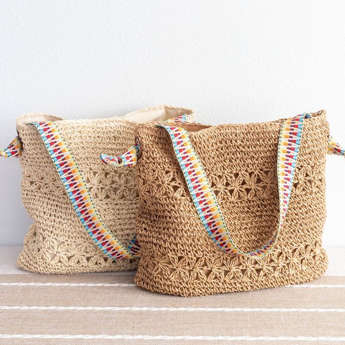 Openwork Straw Tote with Colorful Woven Shoulder Handles