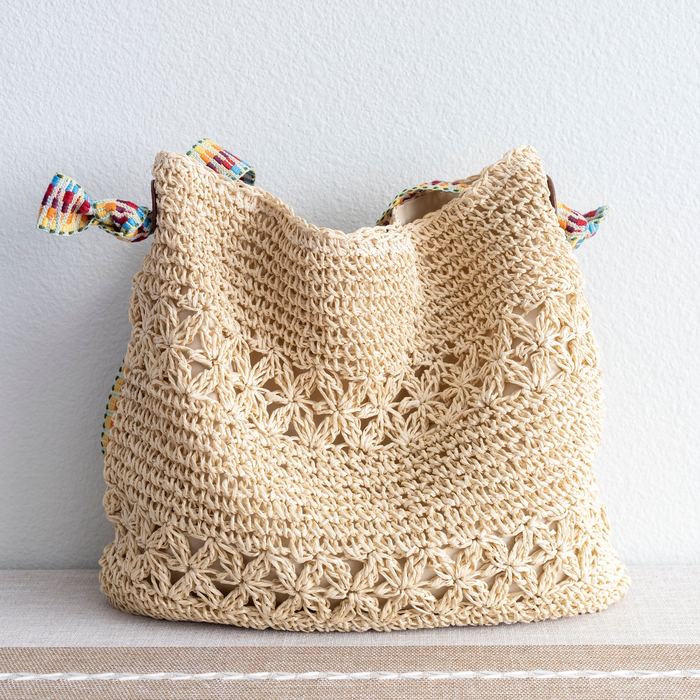 Openwork Straw Tote with Colorful Woven Shoulder Handles