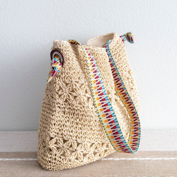 Openwork Straw Tote with Colorful Woven Shoulder Handles