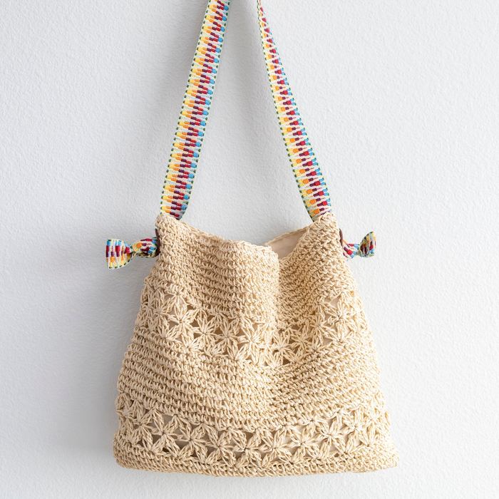 Openwork Straw Tote with Colorful Woven Shoulder Handles
