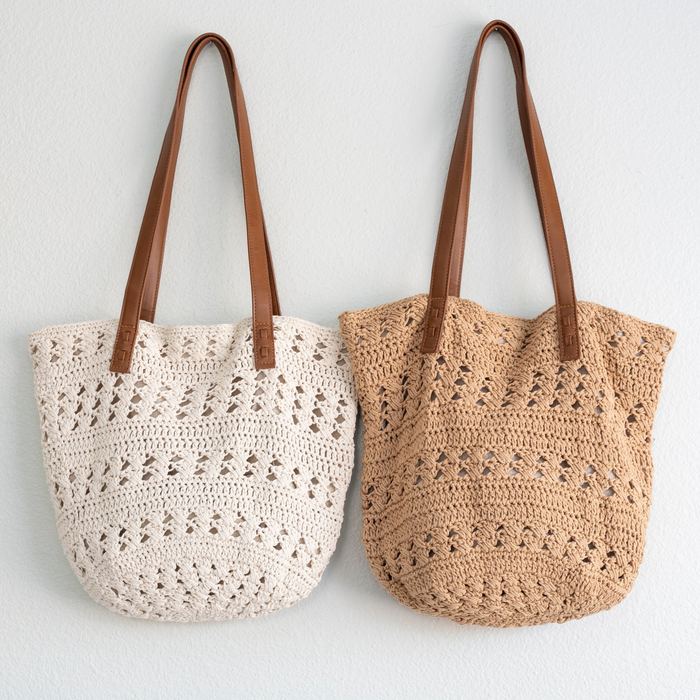 Openwork Cotton Knit Shoulder Tote with Brown Handles