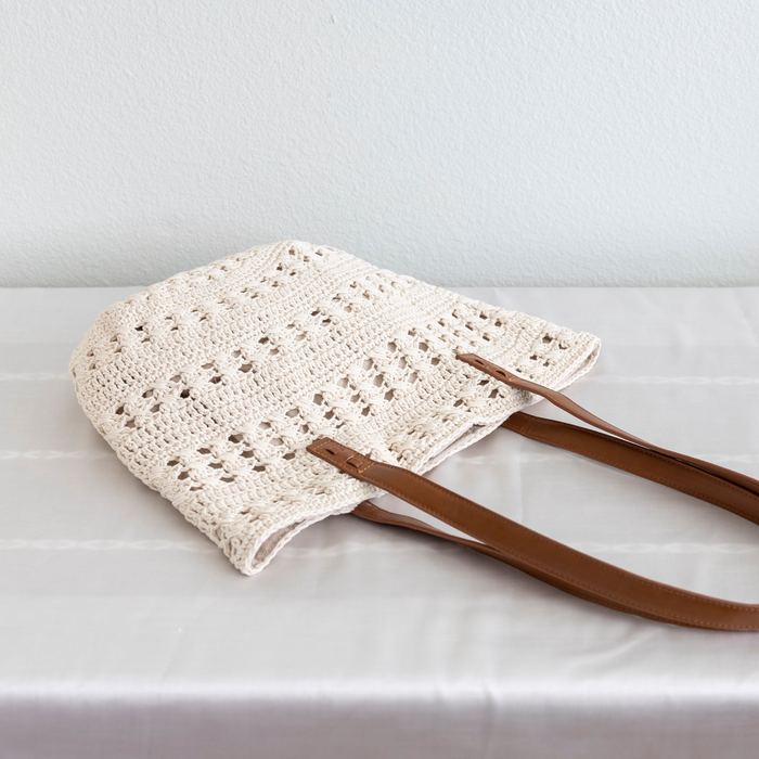 Openwork Cotton Knit Shoulder Tote with Brown Handles