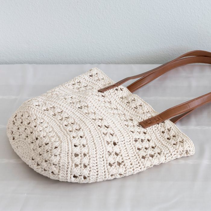 Openwork Cotton Knit Shoulder Tote with Brown Handles