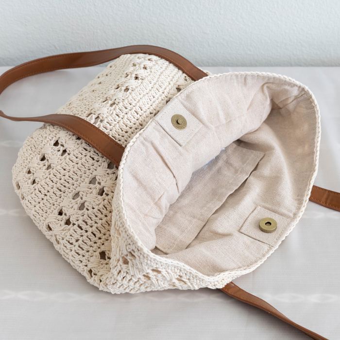 Openwork Cotton Knit Shoulder Tote with Brown Handles