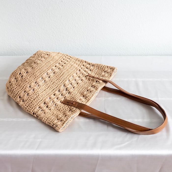 Openwork Cotton Knit Shoulder Tote with Brown Handles