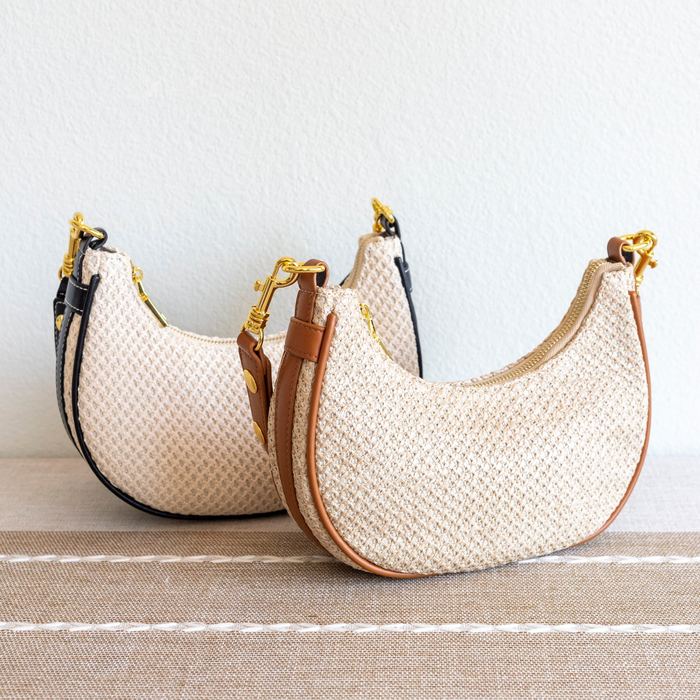 Half-Moon Straw Shoulder Bag with Contrast Trim