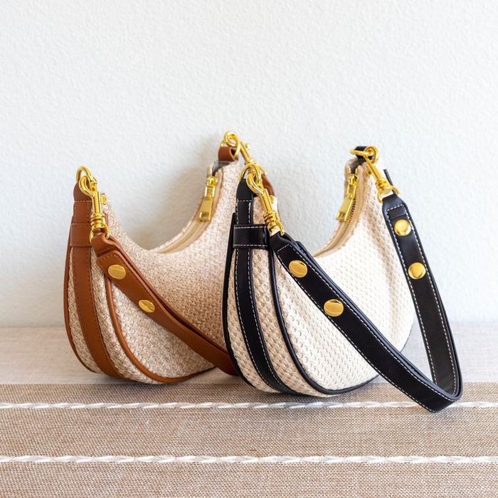 Half-Moon Straw Shoulder Bag with Contrast Trim