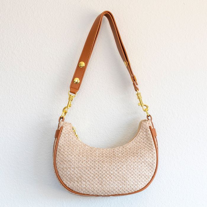 Half-Moon Straw Shoulder Bag with Contrast Trim