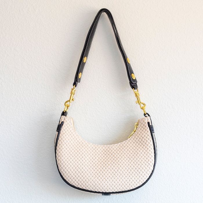 Half-Moon Straw Shoulder Bag with Contrast Trim