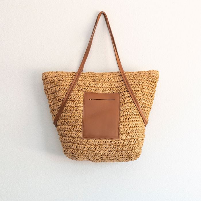 Large Straw Basket Tote with Brown Front Pocket