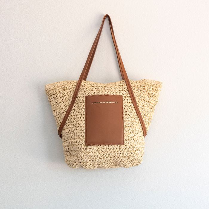 Large Straw Basket Tote with Brown Front Pocket