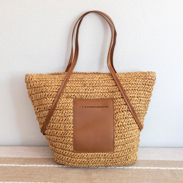 Large Straw Basket Tote with Brown Front Pocket