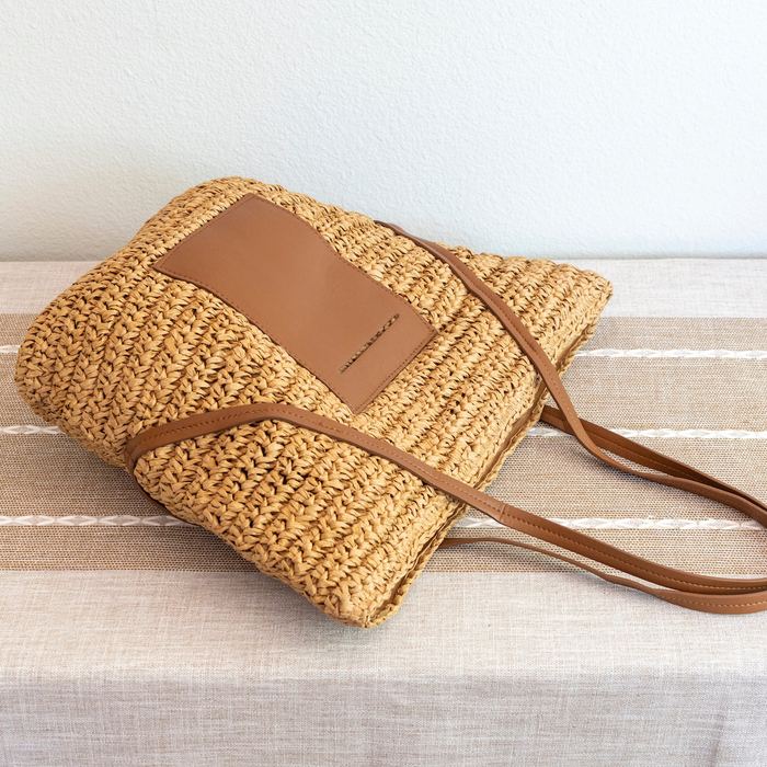 Large Straw Basket Tote with Brown Front Pocket