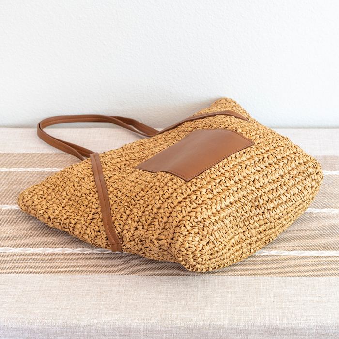 Large Straw Basket Tote with Brown Front Pocket