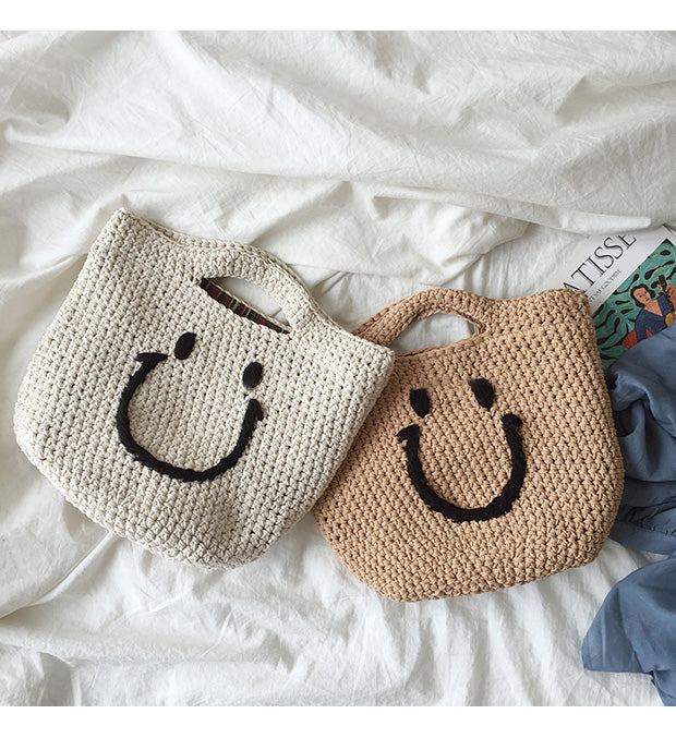 Smiley Cotton Knit Handbag with Cutout Handles