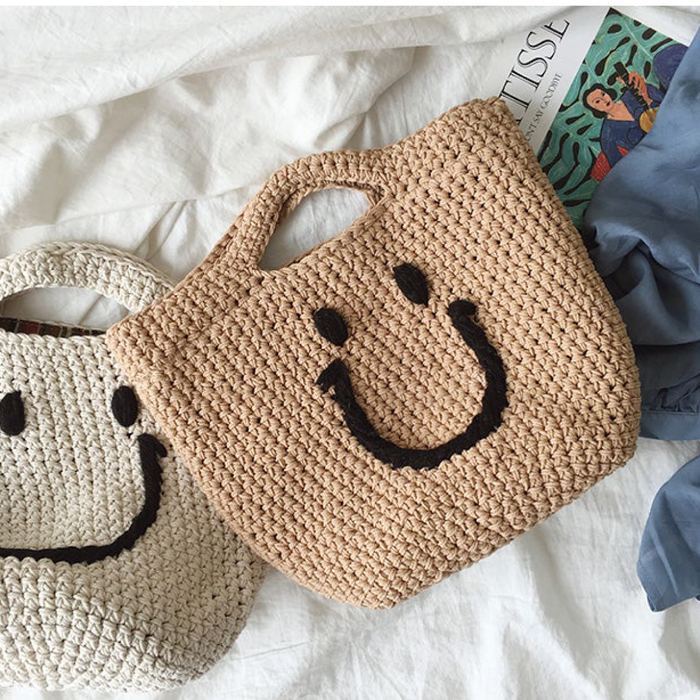 Smiley Cotton Knit Handbag with Cutout Handles