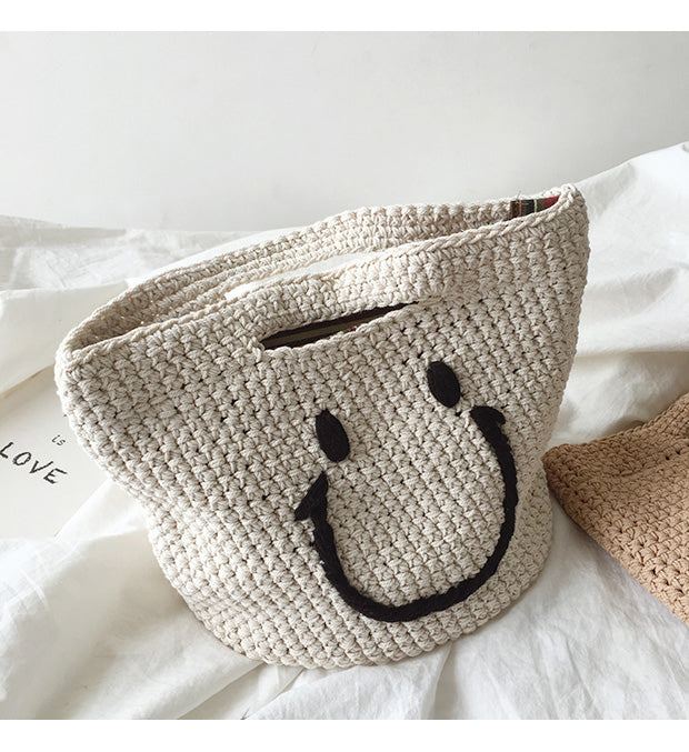 Smiley Cotton Knit Handbag with Cutout Handles