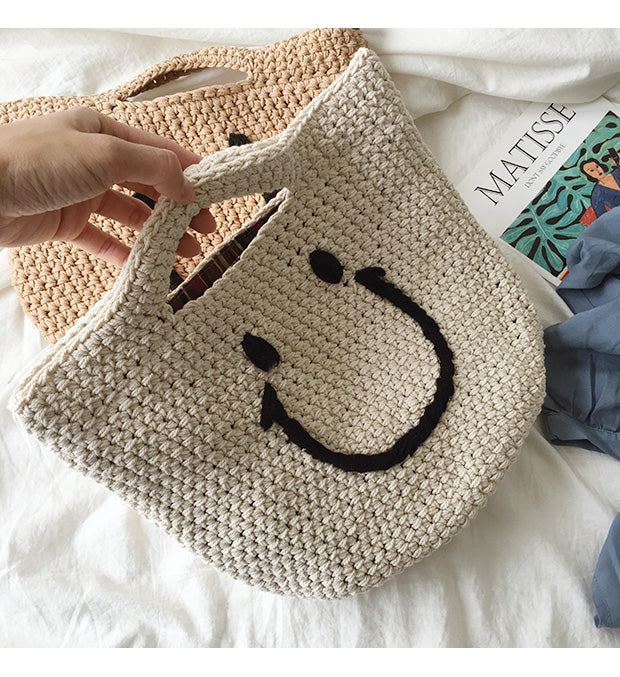 Smiley Cotton Knit Handbag with Cutout Handles