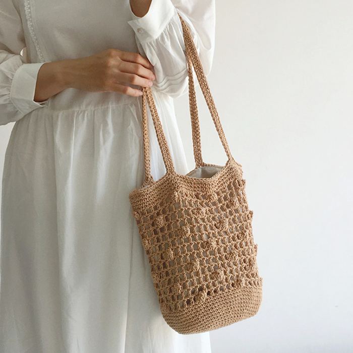 Cotton Crochet Bucket Bag with Grid Openwork and Dense Base