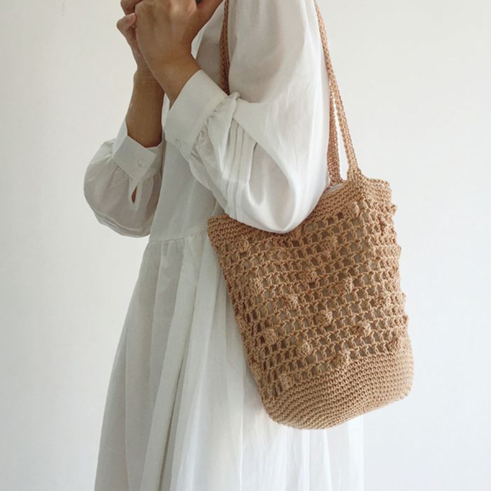 Cotton Crochet Bucket Bag with Grid Openwork and Dense Base