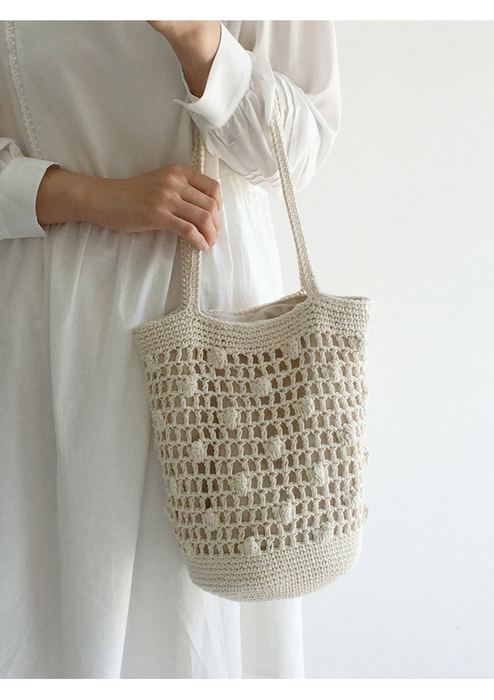 Cotton Crochet Bucket Bag with Grid Openwork and Dense Base