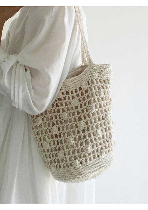 Cotton Crochet Bucket Bag with Grid Openwork and Dense Base