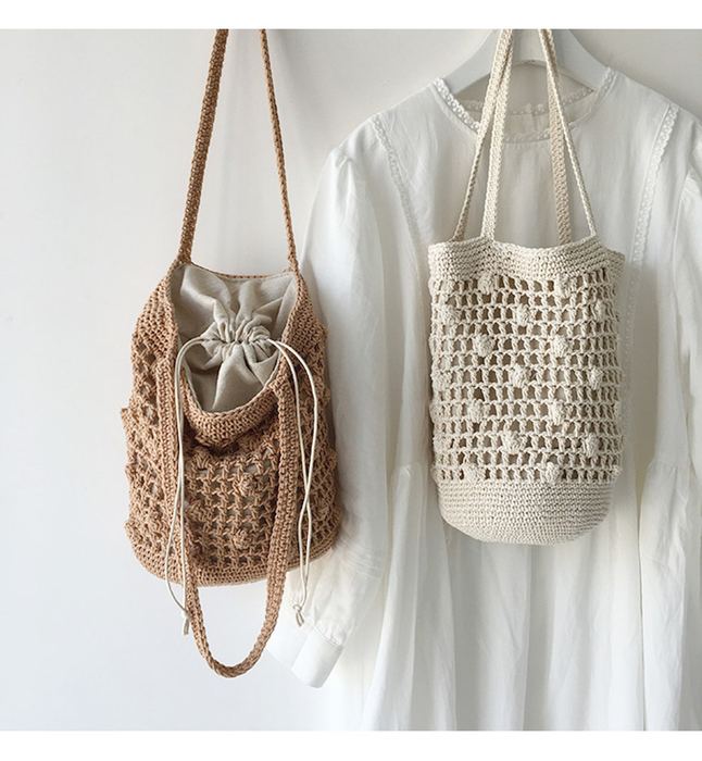 Cotton Crochet Bucket Bag with Grid Openwork and Dense Base
