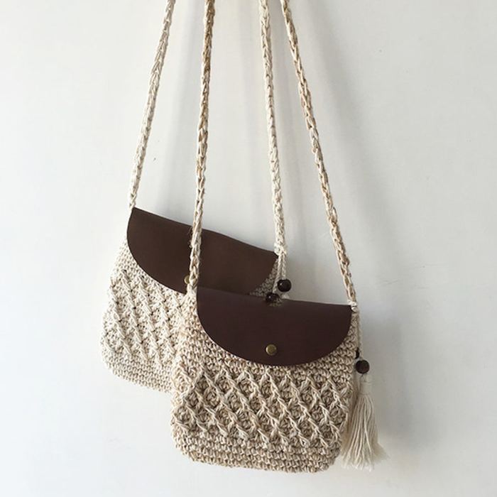 Small Crochet Crossbody Bag with Rounded Brown Flap